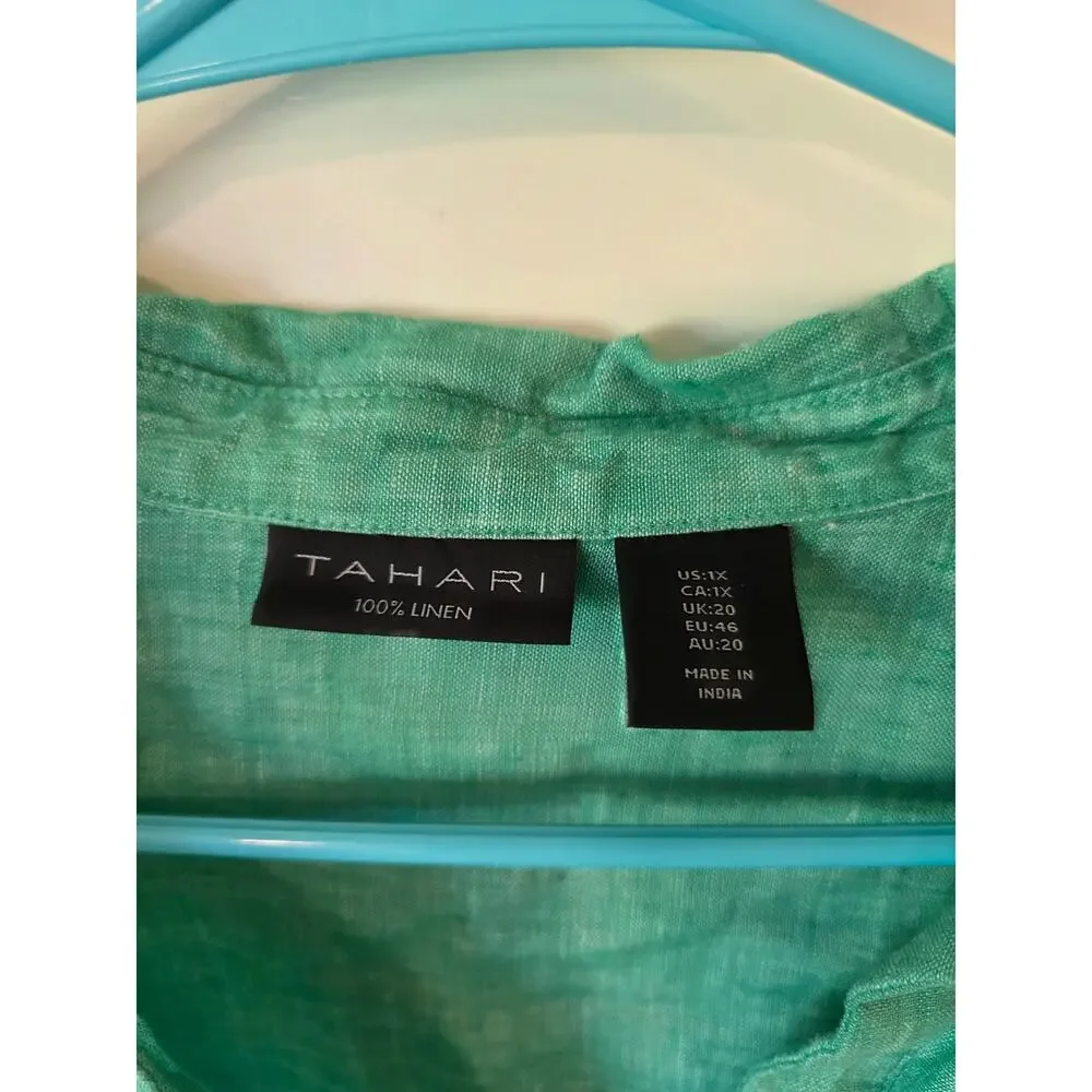 Tahari Womens 3/4 Sleeve Linen Blouse Plus Size 1X Green